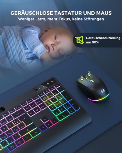 seenda JPX006 Wireless Illuminated Keyboard Mouse Set with USB-A & USB-C Port, Rechargeable, Ergonomic with Mobile Phone Holder & Wrist Rest, Quiet Keys for PC & Mac - QWERTZ Layout