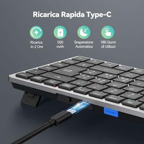 TECKNET Rechargeable Bluetooth Keyboard, 4-Device (2.4G USB+3BT), Italian Mini Wireless Keyboard, Easy-Switch for Windows, MacOS, iOS, Android, Samsung Tablet, Smart TV, Italian QWERTY Layout
