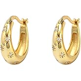 925 Sterling Silver CZ Star Chunky Small Hoop Earrings for Women Teen Sensitive Ear Dainty 14K Gold Plated Oval Crystal Stars Hypoallergenic Huggie Hoops Fashion Trendy Jewelry Christmas Gift