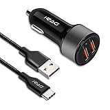 iRAG CRB1 Car Charger for BlackBerry KEY2/KEYone/Dtek60/Motion-36W Quick Charge 3.0 Two-Port USB Adapter with 6ft USB Type C to A Fast Charging Cable Cord