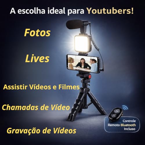 Kit de Gravação Completo com Tripé, Luz LED e Suporte para Celular – Ideal para Vlogs, Lives e Vídeos Profissionais Tripé com Luz LED e Microfone para Celular – Kit Vlogging Profissional Premium