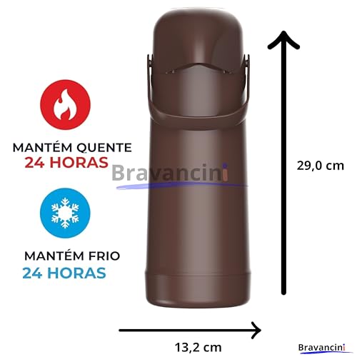Garrafa Térmica Pump Marrom 1L Café Bomba Pressão 12h Quentes 24h Frio Água Chá Casa Mágic Escritório Consultorio