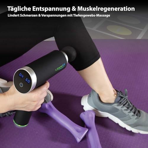 Muskel-Massagegerät kompakt LX-013 - Massagepistole, Tiefen Massage, Vibrationsmassagepistole, Verschiedene Geschwindigkeiten, 5 Massageköpfe, Fitnessstudio