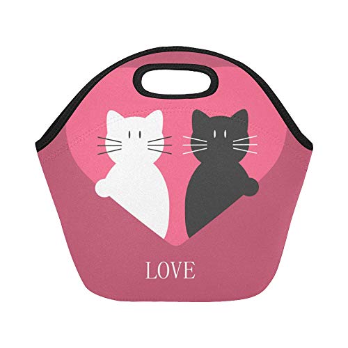 Insulated Neoprene Lunch Bag Love Heart White And Black Cat Large Size Reusable Thermal Thick Lunch Tote Bags For Lunch Boxes For Outdoors,work, Office, School