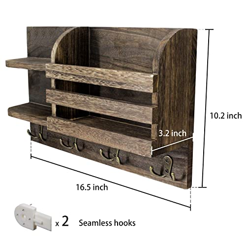 Mail Organizer Wall Mounted with Key Hooks, Wood Mail Holder and Sorter
