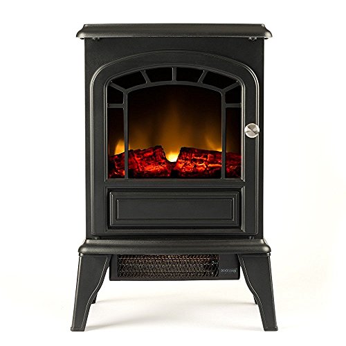 Aspen Portable Free Standing Electric Fireplace Stove by e-Flame USA – 23-inches Tall – Matte Black – Features Heater and Fan Settings with Realistic and Brightly Burning Fire and Logs