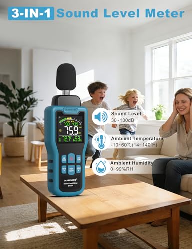 Fonometro, DURFICST Misuratore di Decibel con Misurazione di Temperatura e Umidità, 30-130 dB, Display LCD a Colori, Ponderazione A/C, Unità dB/SONE, Risposta VELOCE/LENTA, per Casa, Fabbrica, Ufficio