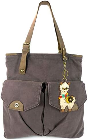 Chala Large Canvas Double Pocket Tote with Leather Strap and CHALA Key-fob - Dark Brown (LLAMA)