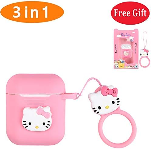 Airpods Case, Kids Girls Lovely Cute Pink Kitty 3D Cartoon Kawaii Airpods Cover, Soft Silicone Protective Shockproof Fashion Charging Cases Skin with Funny Ring Strap Holder for Apple Airpods 1/2