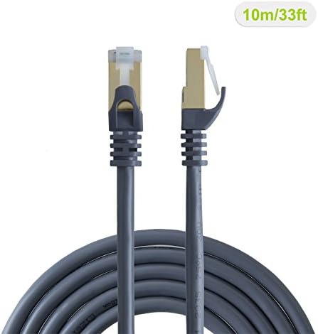 VeLLBox 10m CAT6A (Category 6A) Double Shielded (SFTP) Ethernet Patch Cable Male/Male, 50U”Gold Plated Contact, SFTP Network Cable, Band Width: 500MHZ, 33.0ft/10.0m, Grey