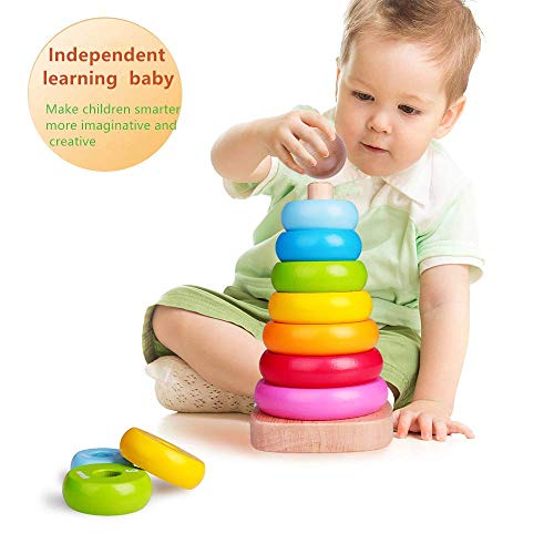 Wooden Ring Stacking Toy for Kids Best Birthday Christmas Gifts for 1 2 3 4 Year Old Boy Girl Toddler Toys Rainbow Tower Wooden Stacking Toy Rainbow Stacker for Baby and Toddlers 18M +(8x3 INCH)