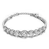 【Deal of the Day】SWAROVSKI ELEMENTS CRYSTALS HEART SHAPE BANGLE BRACELET FOR WOMEN GIRLS WHITE GOLD PLATED FASHION WEDDING BRIDAL JEWELRY