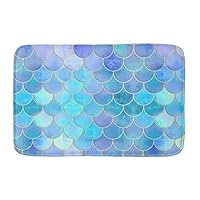 Aomsnet Bathroom Decor Mat, Shower Rug Mat Water Absorbent Fast Drying Kitchen, Bedroom, Hotel, Spa Tub. 24" L X 16" W Inches with Non Slip Backing Bath Mat Aqua Pearlescent Gold Mermaid Scale