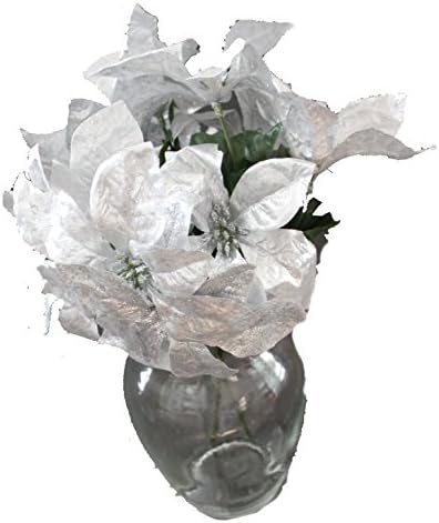 Set of 2 14" Sparkling Christmas Bush with Artificial 6" Poinsettia Flowers (Silver)