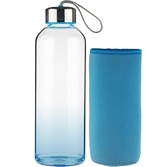 Sunkey Trinkflasche Glas 1 Liter – Mit Bambusdeckel, Neoprenhülle & Zeitmarkierungen, BPA-frei