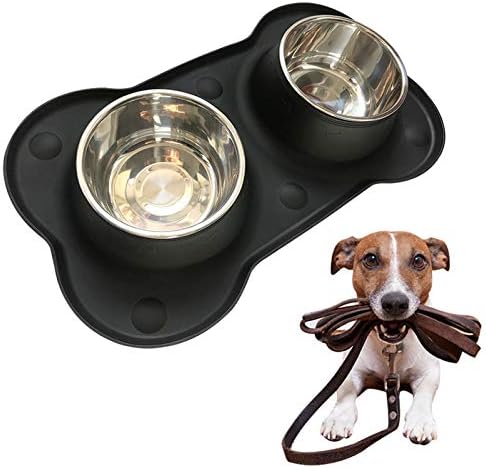 Taoup Pet Food Bowls 2 Stainless Steel Dog Bowls with No Spill Non-Skid Silicone Mat, Food and Water Bowl for Pet Puppy Small Animals (Large, Black)