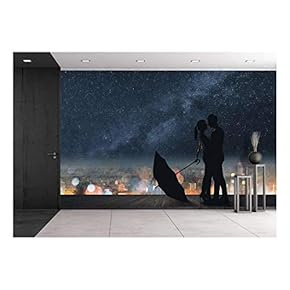 Silhouette of Couple Hug Under Stars. - Removable Wall Mural | Self-Adhesive Large Wallpaper - 66x96 inches