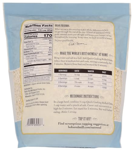 BOB’S RED MILL ORGANIC QUICK COOKING ROLLED OATS, 32OZ (PACK OF 1) – NON GMO, WHOLE GRAIN, VEGAN, KOSHER