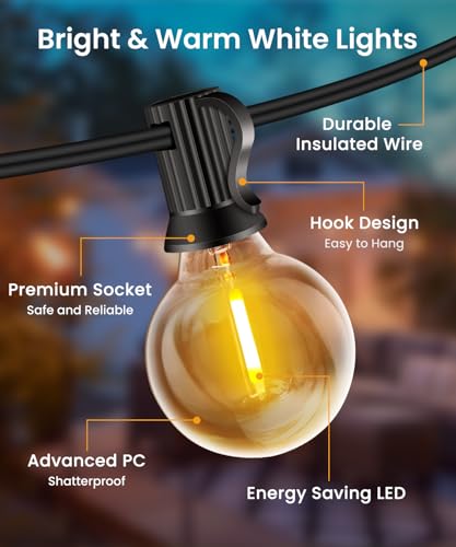 Rintea Outdoor String Lights, 40 m with 68 + 5 Bulbs, Outdoor Garden Lights Plug-in Warm White 2700 K, IP44 Waterproof Outdoor LED Lights for Garden, Terrace, Christmas, Party