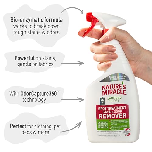 NATURE’S MIRACLE LAUNDRY BOOST SPOT TREATMENT STAIN AND ODOR REMOVER, 32 OZ., LAUNDRY PRE-WASH STAIN AND ODOR REMOVER