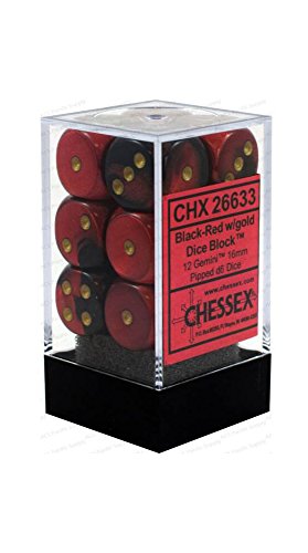 Chessex Manufacturing 26633 D6 Cube Gemini Set Of 12 Dice, 16 mm - Black & Red With Gold Numbering