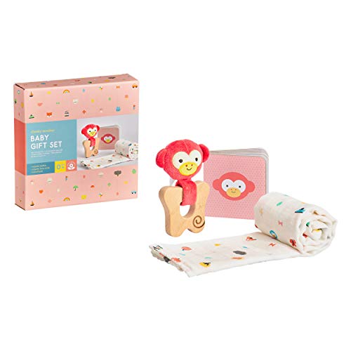 Petit Collage Organic 3-Piece Gift Set for Babies, Cheeky Monkey – Includes Beech Wood Teether, Organic Cotton Burp Cloth, and Baby Book – for Baby Shower and New Moms