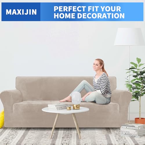 MAXIJIN Thick Velvet Sofa Cover for 3 Seater, Super Elastic Non Slip Sofa Cover, Pet Friendly 1 Piece Furniture Protector (3 Seater, Khaki)