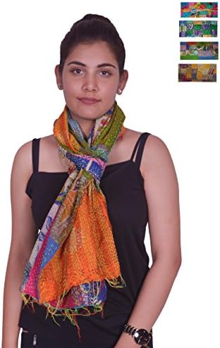 Reversible hand quilted Kantha pure silk Multi-color Patchwork Scarf/Stole.X1874