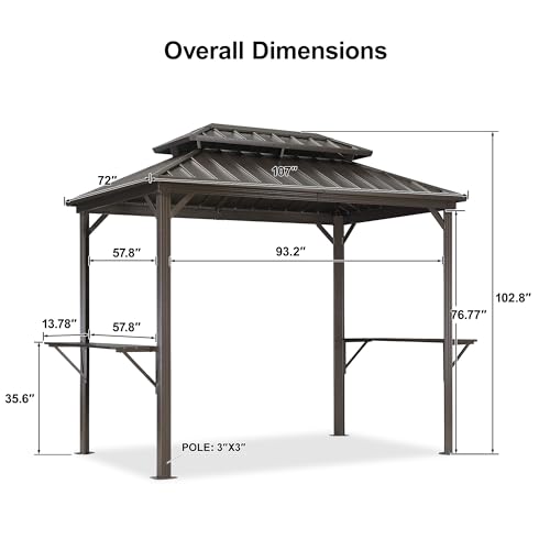 PURPLE LEAF 6' X 9' Hardtop Grill Gazebo for Patio Permanent Metal Roof with 2 Side Shelves Deck Yard Tent Aluminum Garden Outside Sun Shade Outdoor BBQ Canopy, Brown