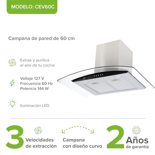 AVERA Campana de cocina 76 cm de pared, 3 velocidades, Luz LED, Filtro de carbón activado, Filtro de malla metálica lavable, Acero inoxidable y vidrio templado, Diseño curvo | CEV60C