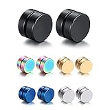 Paxuan 5 Pairs Mens Womens Silver Gold Black Blue Hypoallergenic Stainless Steel Magnetic Stud Earrings Non Piercing Clip on Earrings 6MM (6MM)