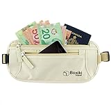 Money Belt - RFID Blocking Money Belt | Safe Waist Bag, Secure Belt for Men and Women by Boxiki Travel. Fits Passport, Wallet, Phone and Personal Items. Running Belt, Fanny and Waist Pack (Beige)