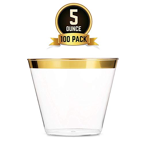 Small Gold Plastic Cups 5 oz 100 Pack Clear Plastic Cups Gold Rimmed Plastic Cups Fancy Disposable Cups Elegant Wedding Party Cups with Gold Rim