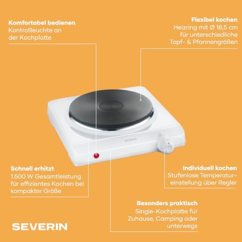 Kochplatte für Küche, Büro oder Camping, kleine Herdplatte mit stufenloser Temperatureinstellung, Campingkocher für einen Topf, weiß, single, 1.500 W, KP 1091