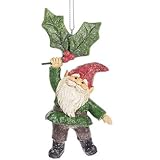 On Holiday Gnome Hanging from a Holly Leaf Christmas Tree Ornament