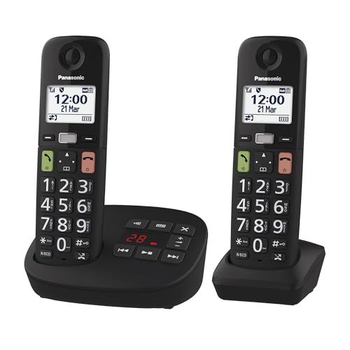 Panasonic KX-TGU132EXB digitales schnurloses Telefon mit Anrufbeantworter, Basisstation & 2 Mobilteile, LCD-Display, große Tasten, Favoriten-Taste, hö