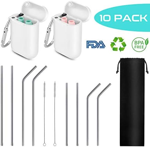 10 Packs Reusable Stainless Steel Drinking Straws Set, 2 Foldable Silicone Straws with Portable Cases, 8 Dishwasher Safe Long Straws for 30oz 20oz Tumbler Cups, Includes Cleaning Brushes & Pouch