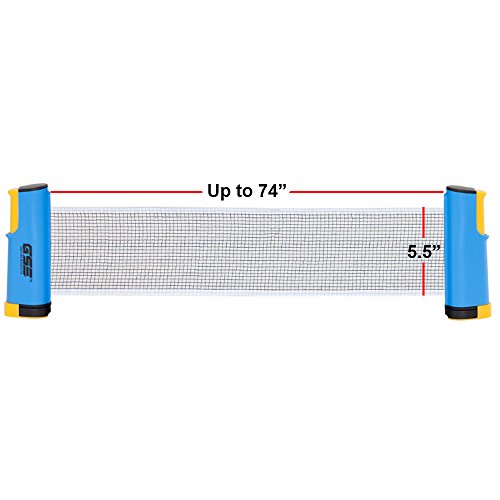 Retractable Anywhere Table Tennis Set with 2 Paddles & 3 Balls and a Mesh Storage Bag by GSE (Blue & Yellow)