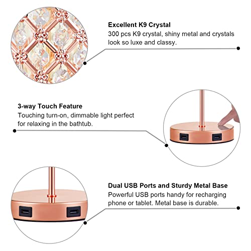 Hongin Touch Crystal Table Lamp Rose Gold Crystal Lamp with Dual USB