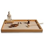 ICNBUYS Zen Garden with Buddha Status Wooden Rake Rocks and Mini Pavilion Set with Free Rake and Pushing Sand Pen Base Tray Dimensions 11.8 x 8.7 x 1 inches