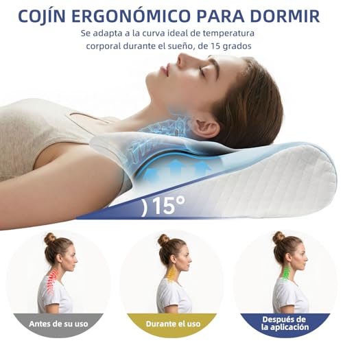 Honfay Almohada ergonómica para el Cuello, Almohada 2 en 1 de Espuma viscoelástica, Almohada Cervical para quienes Duermen de Lado, Boca Arriba o Boca Abajo, 60 x 40 x 12/14 cm (Azul Marino)