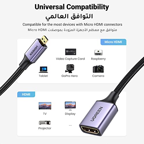 UGREEN Micro HDMI to HDMI Braided Adapter Cable Male to Female High Speed Cable Supports 3D 4K 60Hz 1080P Ethernet Audio Return Compatible for GoPro Hero 6 5,Tablets, Cameras,PS5-Black-0.25 Meter
