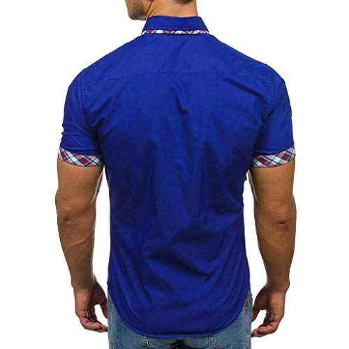 Big Sale! Fastbot Men's Short Sleeve Shirt Lapel Button Plaid Stitching Business Polo T-Shirt Blue