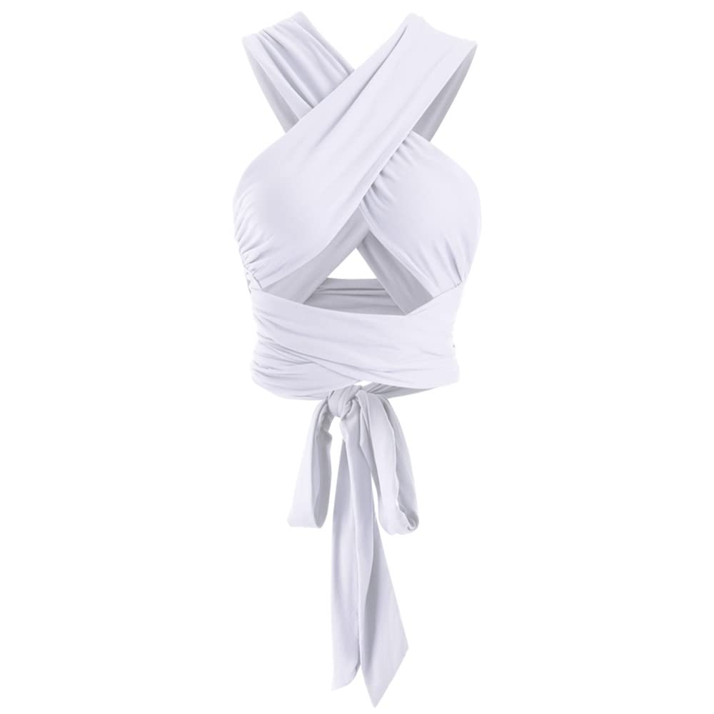 Photo 1 of ****GREEN***ZAFUL Womens Ribbed Halter Crop Top Ruched Lace-up Cropped Cami Bandana Top Criss Cross Wrap Print Tank Top White