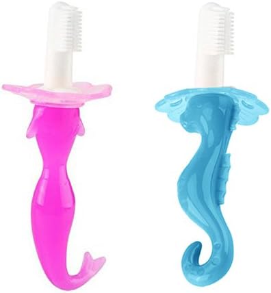 CuteStuffs Seahorse Baby Toothbrush and Teether; Training Toothbrush for Infants and Toddlers, Soft Bristles, BPA-Free (baby blue seahorse)