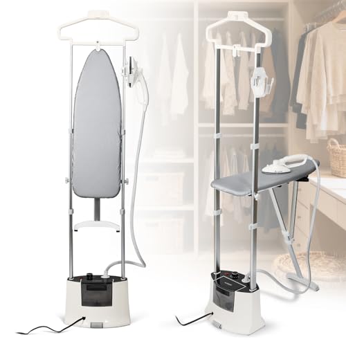 Hapyvergo Standing Garment Steamer with Rotating Nozzle, 1500W Upgraded Steamer for Clothes Heats in 25s for 60min Steam, 1.6L Tank, Self-Cleaning, Dual-Protection Tech, Ironing Board, Hanger, Gloves
