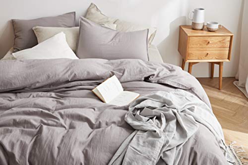 DAPU 55% French Linen 45% Cotton Duvet Cover with 2 Pillowcases, 3 Piece Ultra Soft Breathable Bedding Comforter Cover Sets with Button Closure(Gray/Linen Cotton, King)
