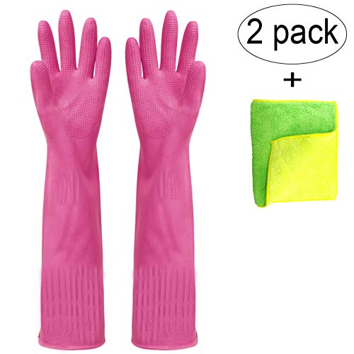 Malier Pack of 2 Pairs Rubber Cleaning Gloves, Extended Kitchen Dishwashing Gloves, Waterproof Reusable Household Cleaning Gloves with Cleaning Cloth (Rose Red, Large)