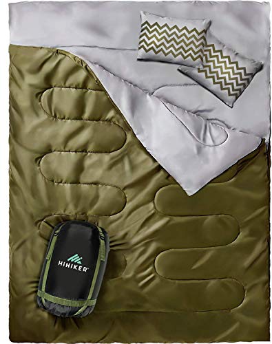 HiHiker Double Sleeping Bag Queen Size XL -for Camping, Hiking Backpacking and Cold Weather, Portable, Waterproof and Lightweight - 2 Person Sleeping Bag