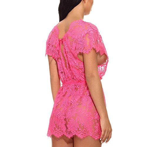 Women Lingerie,Sexy Lace Deep V Short Sleeve Nightdress Sleepwear Underwear Babydoll (Hot Pink, Size:2XL)